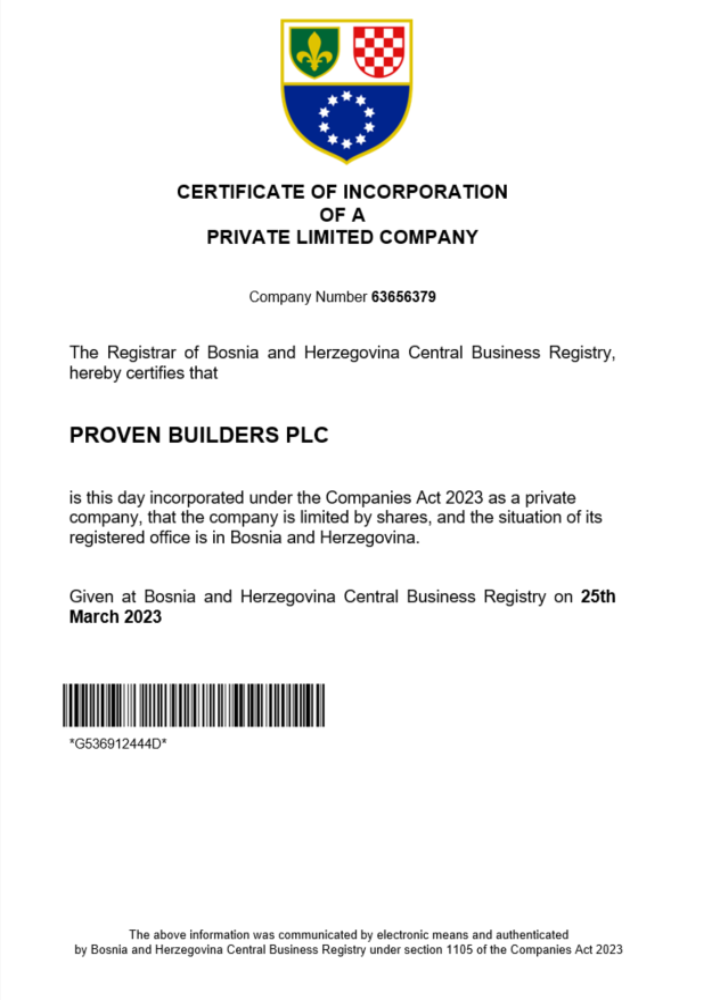 Bosnia and Herzegovina certificate of registration Word and PDF template